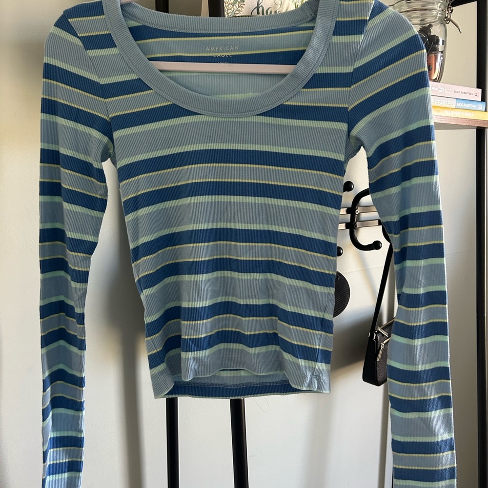 American Eagle Outfitters Blue Fitted Long Sleeve Tee